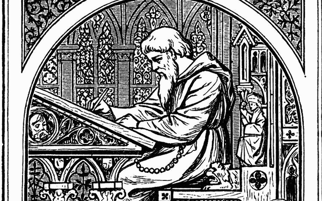 Monk at medieval writing desk